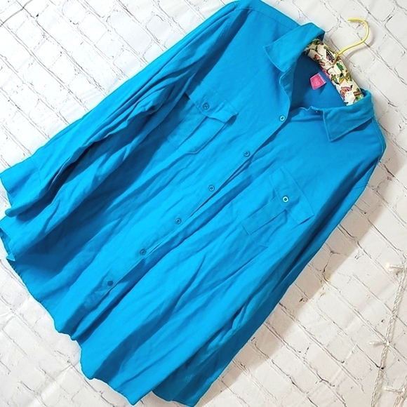 Woman Within Pool Blue Long Sleeve Plus Size Linen Blend Button Shirt Size Large - Picture 3 of 13